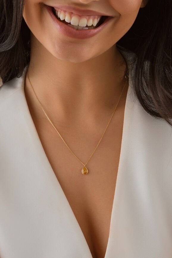 Damla Sarı Topaz Renk Taşlı 14 Ayar Altın Kolye