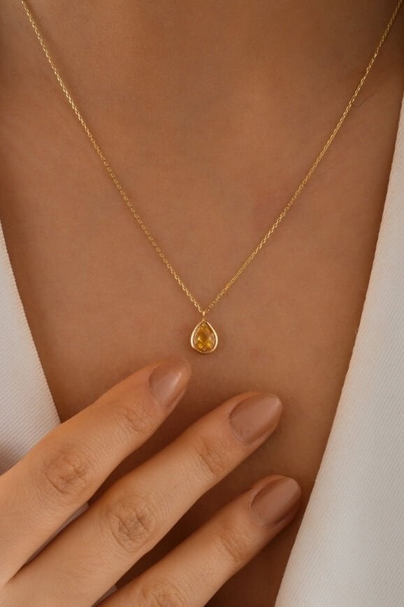 Damla Sarı Topaz Renk Taşlı 14 Ayar Altın Kolye