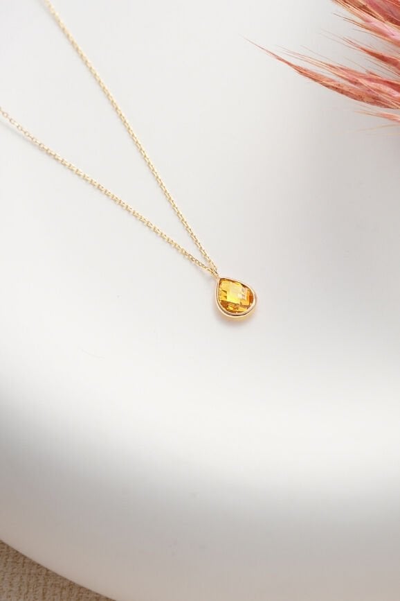 Damla Sarı Topaz Renk Taşlı 14 Ayar Altın Kolye