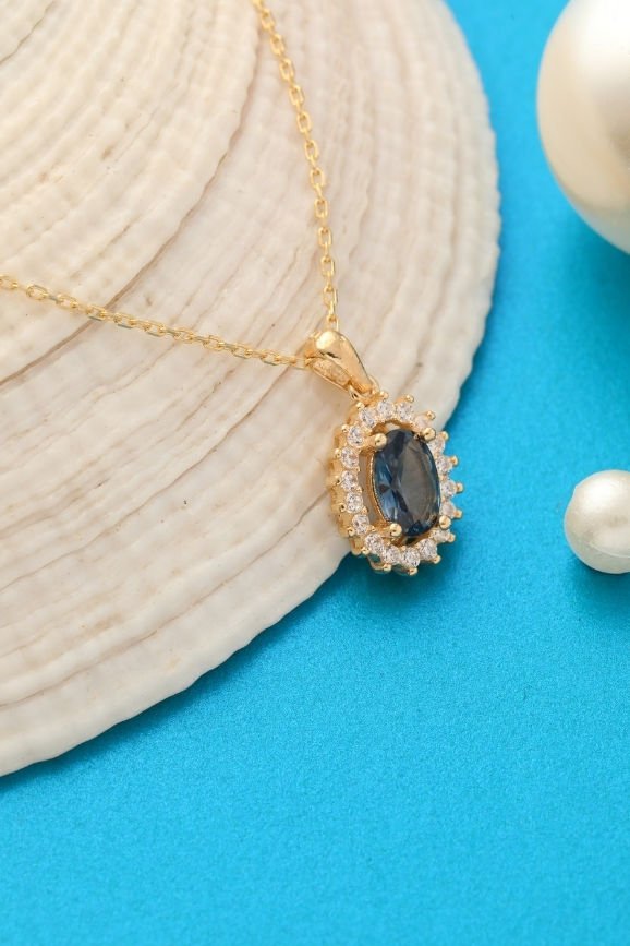 14 Ayar Oval Safir Taşlı Altın Kolye T8-KY