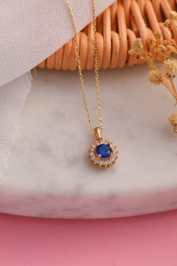 14 Ayar Mini Oval Safir Taşlı Altın Kolye T9-KY