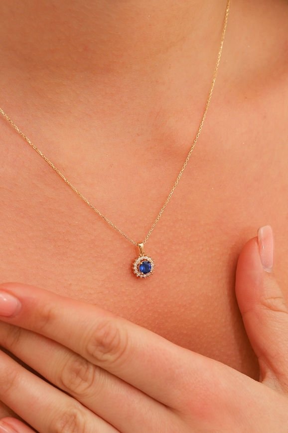 14 Ayar Mini Oval Safir Taşlı Altın Kolye T9-KY