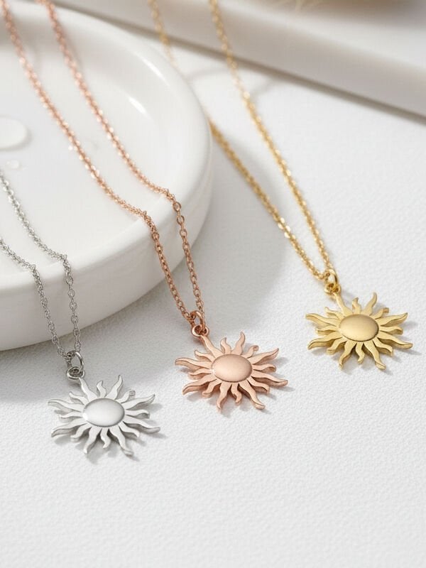 925 Ayar Gümüş Güneş Kolye 14K Altın Kaplama