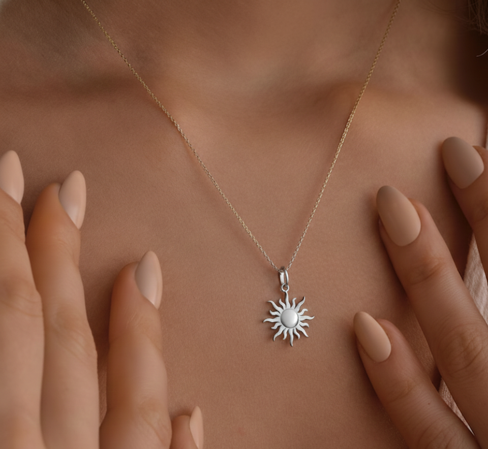 925 Ayar Gümüş Güneş Kolye 14K Altın Kaplama