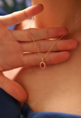 Oval Yakut Renk Taşlı 14 Ayar Altın Kolye Ucu T8-KLU
