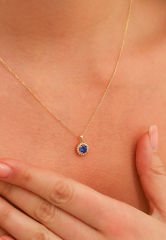 Mini Oval Safir Renk Taşlı 14 Ayar  Altın Kolye Ucu T9-KLU